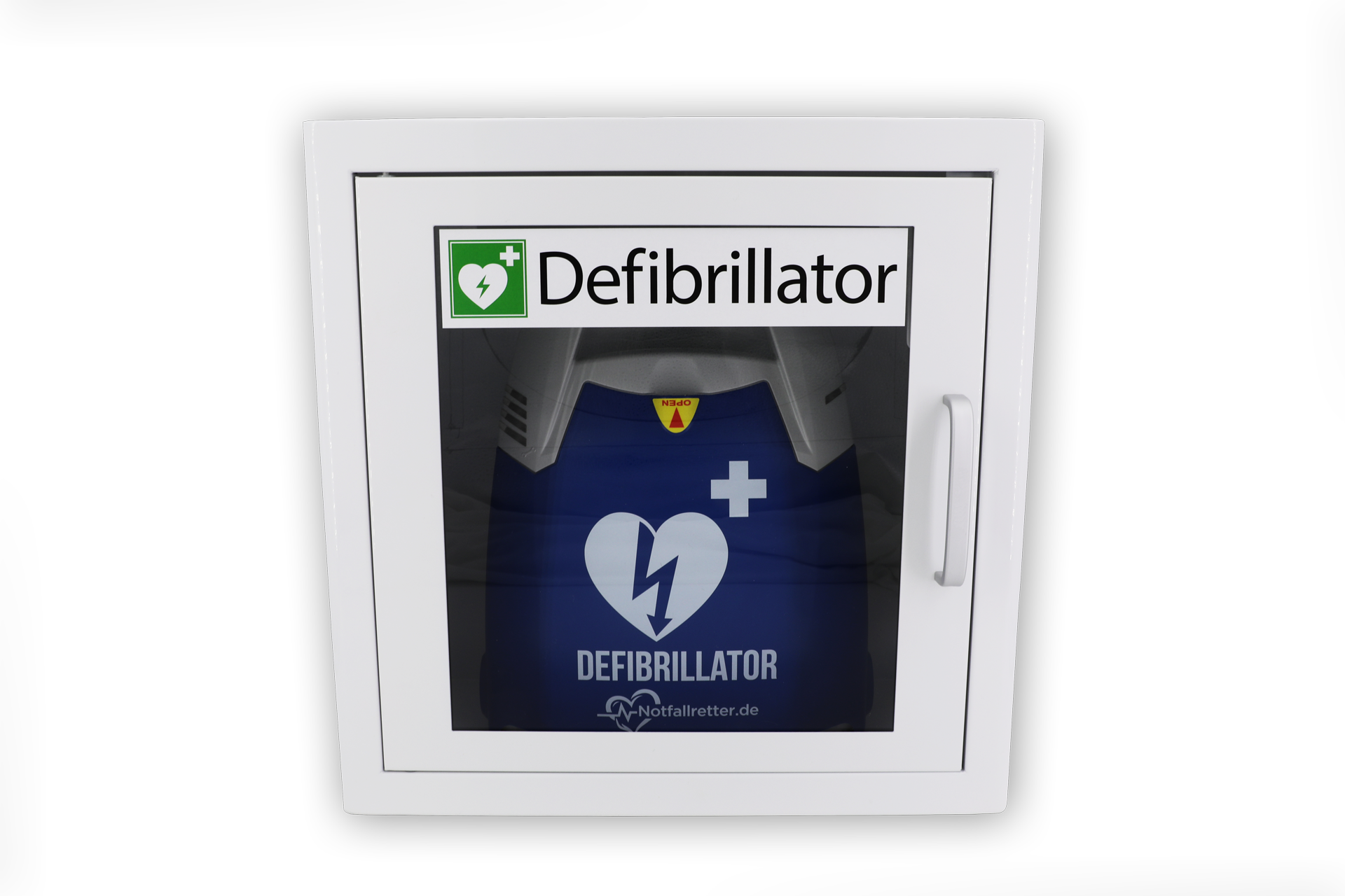 Set Notfallretter.de® AED Defibrillator Basic Vollautomat 10 J. Garantie mit Metallwandkasten + AED-Standortwinkel, 3-sprachig, MDR-zertifiziert